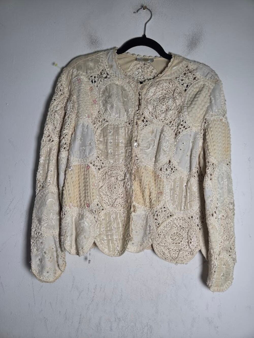 Sandy Starkman Ivory Silk Blend Crochett Boho Art to Wear Cottage Core Blazer XL